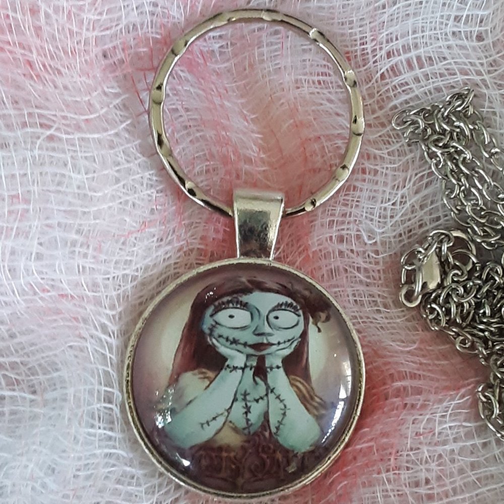 Sally Nightmare Before Christmas Cabochon Key Ring With Necklace Chain Halloween